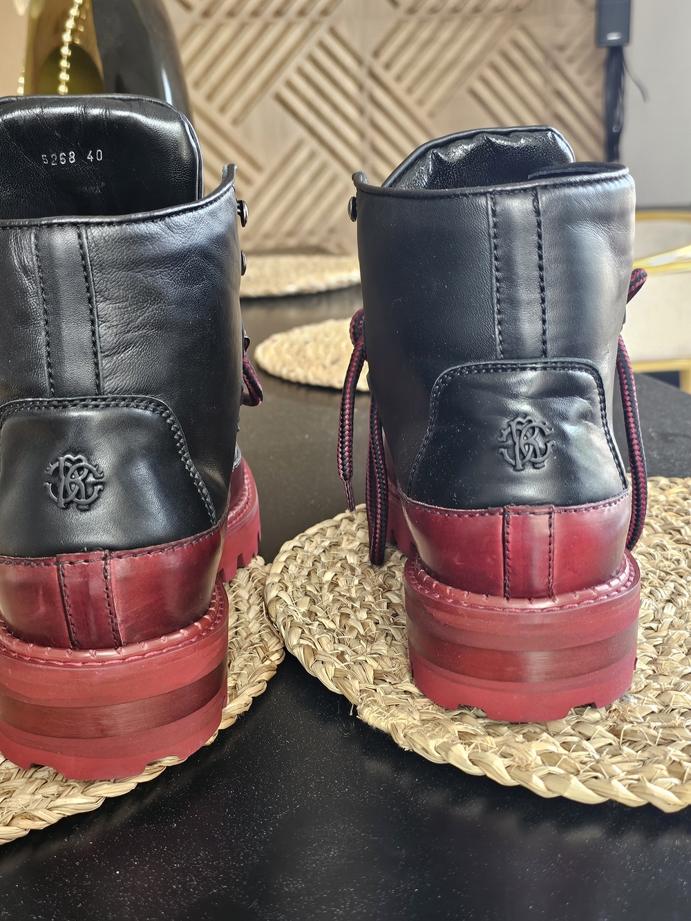 Roberto Cavalli Black and Red Leather Lace-Up Boots